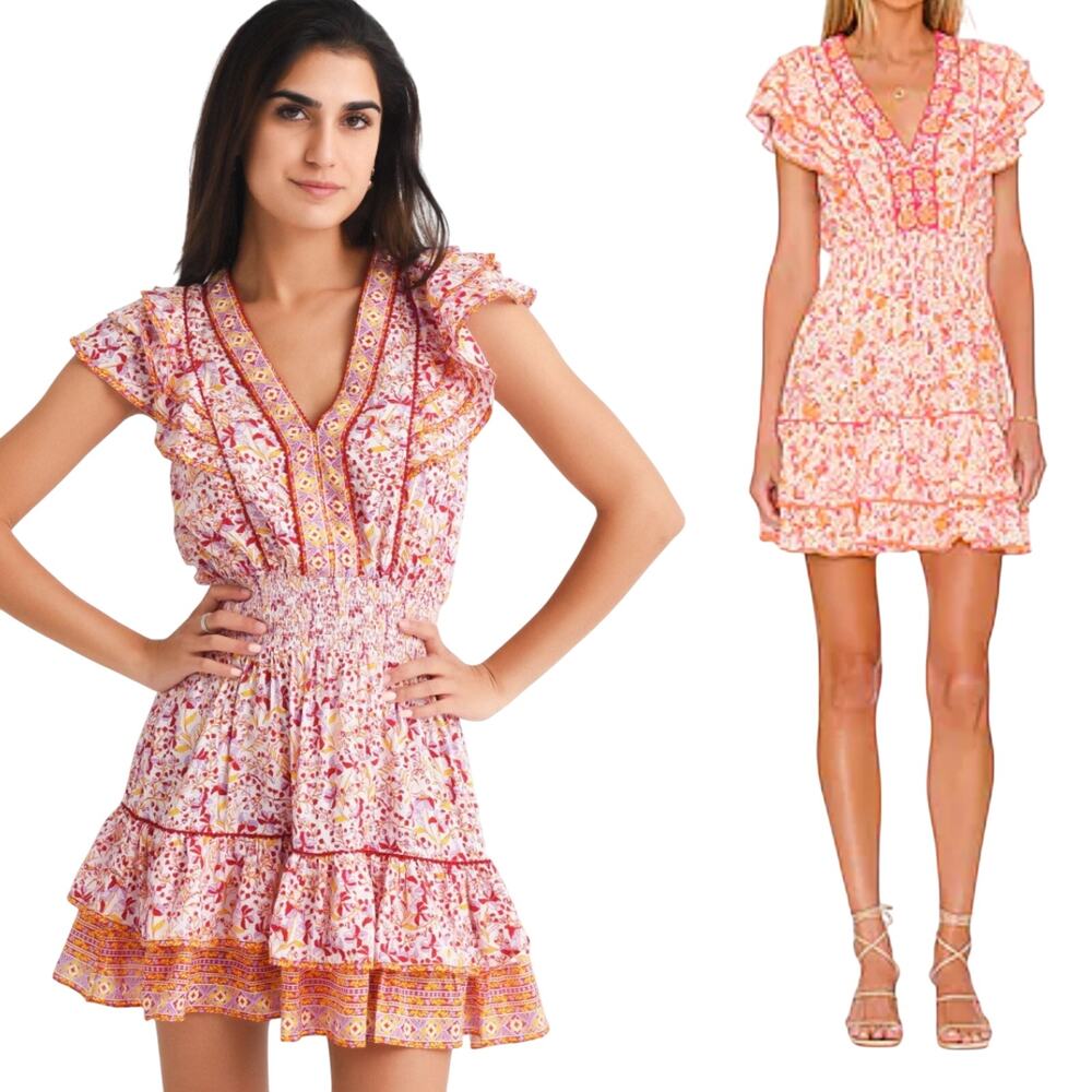 Poupette St. Barth Pink and Orange Floral Mini Dress